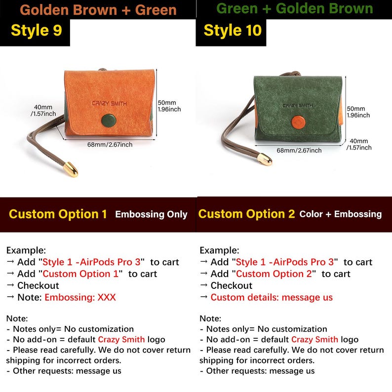 May include: Two rectangular cases with straps, labelled Style 9 and Style 10. Style 9 is golden brown with a green button, measuring 68mm by 50mm. Style 10 is green with a golden brown button, measuring 68mm by 50mm. Both feature the text CRAZY SMITH.