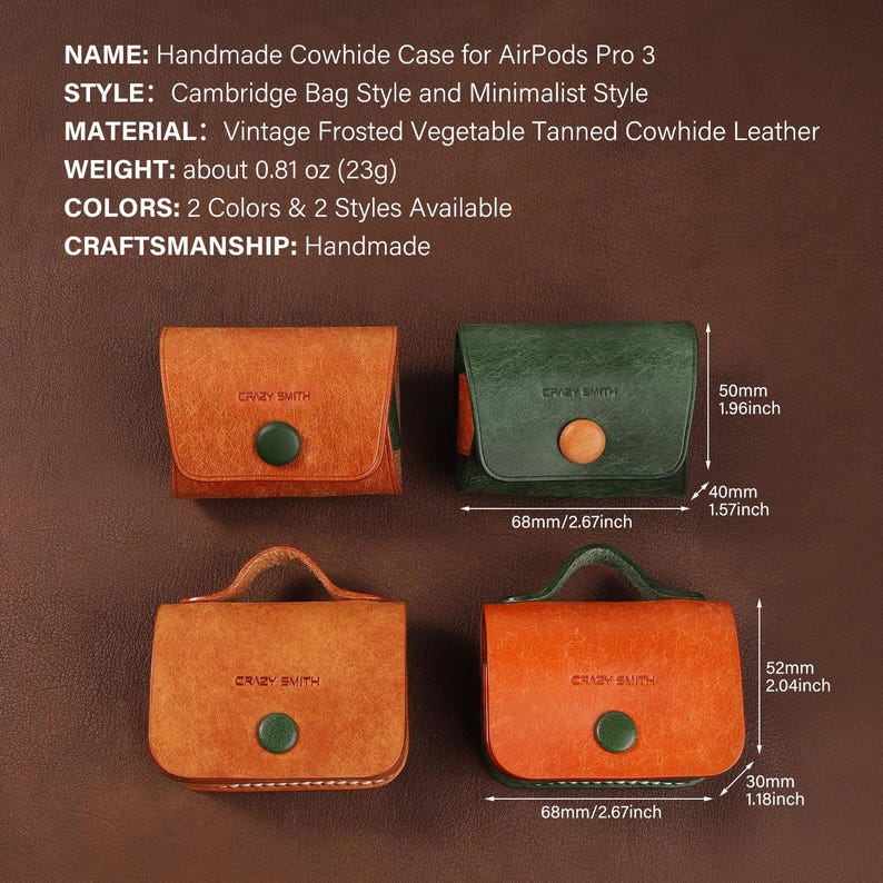 May include: Four handmade cowhide leather cases for AirPods Pro 3, featuring two rectangular and two handle-top designs in orange and green. Each case displays the text CRAZY SMITH, a snap button, and dimensions of 68mm by 50mm or 52mm.