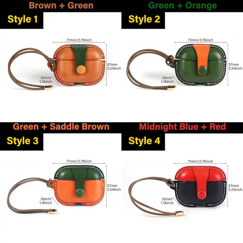 May include: Four leather earphone cases with wrist straps, each featuring a snap closure and colour-blocked design. Dimensions are 71mm wide by 57mm high, with a 30mm strap width. Styles include brown/green, green/orange, green/saddle brown, and midnight blue/red.