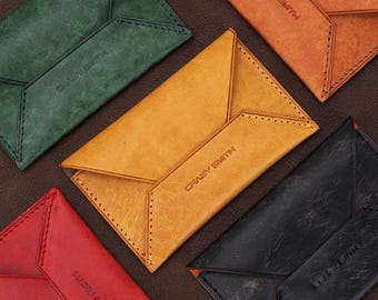 Leather Card Wallet Envelopes Cash Business Card Holder Money Handmade Full Grain Vegetable Tanned Italian Leather Gift for Men Women