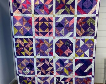 Handgefertigt Lila Blumen Patchwork Quilt | Twin Size, Cottagecore Bauernhaus Bettwäsche