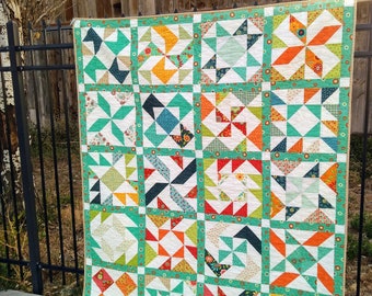 Twin Size Patchwork Quilt 66x82 | Handgemachtes Windrad Quilt | Mintgrün Orange Bettwäsche | 100 % Baumwolle, Patchwork Patchworkstoff