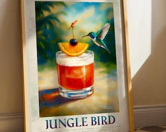 Impression aquarelle de cocktail d'oiseaux de la jungle : art tropical de recette de boisson au rhum, cadeau de décoration murale de bar tiki exotique