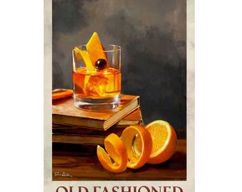 May include: An Old Fashioned cocktail poster. A rocks glass with a dark amber drink, ice, orange peel, and a cherry sits atop books. An orange half and orange peel curls are in the foreground. The poster has a vintage aesthetic.