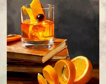 Op de afbeelding: Een Old Fashioned cocktail in een tumbler, gegarneerd met een sinaasappelschil en een kers, staat op een stapel boeken. De afbeelding bevat een gesneden sinaasappel en krullen van sinaasappelschil. De tekst "OLD FASHIONED" staat onderaan.
