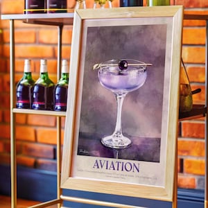 Elegant Aviation Cocktail Digital Print: Purple Gin Watercolor Art for Home Bar Wall Decor, Instant Download