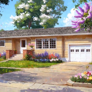 Peut inclure: Une maison de banlieue jaune avec une porte de garage blanche et une pelouse verte luxuriante. La maison a un porche avant avec des marches et une plate-bande devant. Il y a des arbres et des fleurs dans la cour.