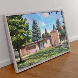Poster encadré nostalgique de soirées d'été Mid-Century : décoration d'art murale de paysage de banlieue tranquille