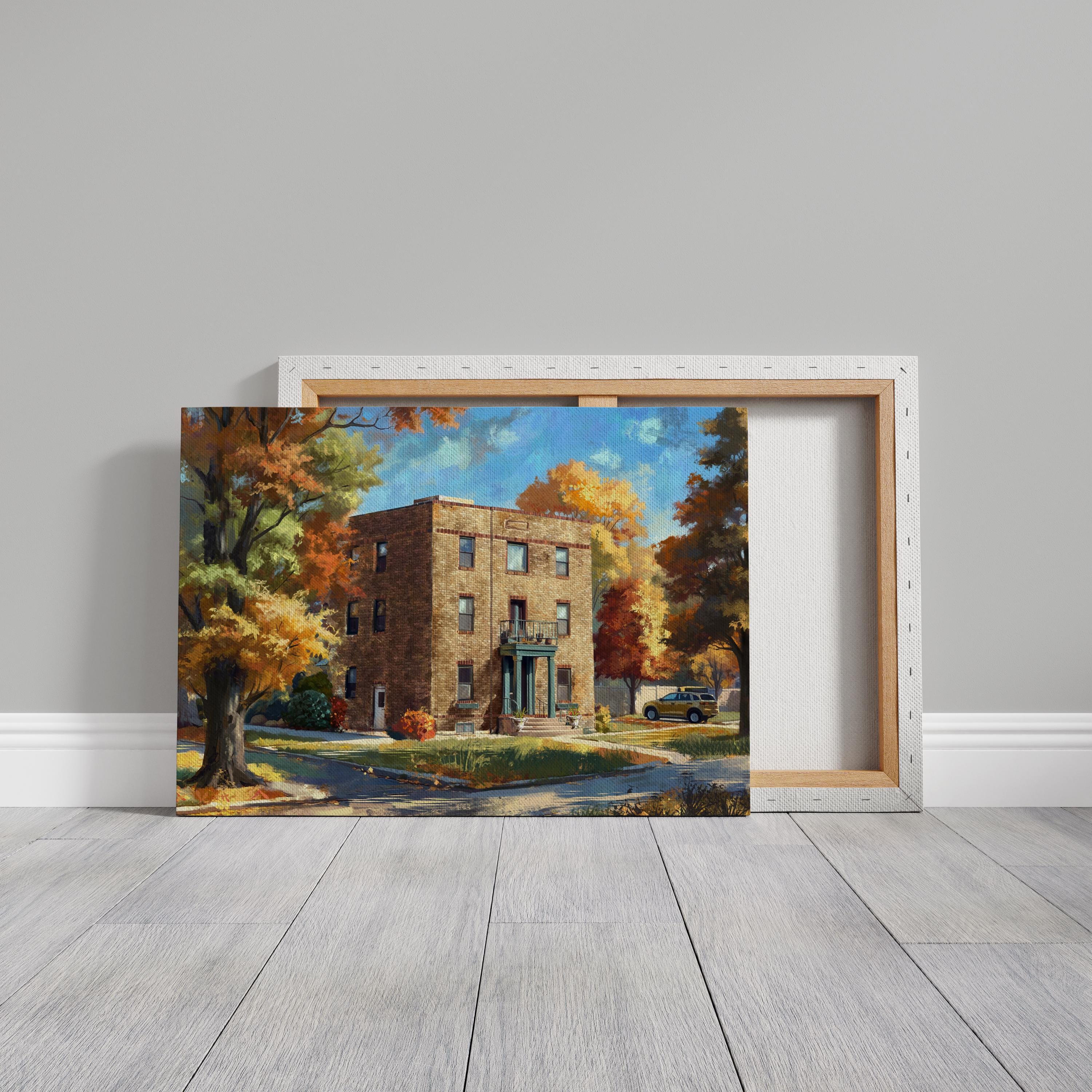 Vintage Brick Building With Autumn Foliage Oil Painting Canvas