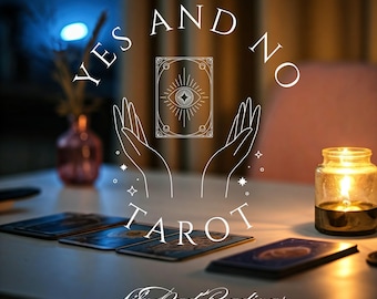 May include: A tarot card reading set up with a candle, tarot cards, and a sign that says "Yes and No Tarot Lily Pad Readings".