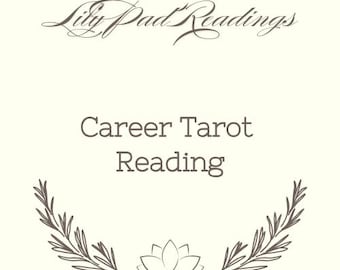 Może przedstawiać: Białe tło ze stylizowanym wzorem kwiatowym i tekstem "Lily Pad Readings" w ozdobnym kroju pisma. Pod tekstem znajduje się fraza "Career Tarot Reading" w kroju pisma bezszeryfowym.