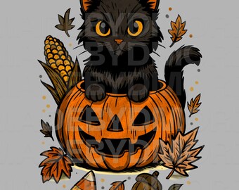 Black Cat in Pumpkin PNG: Spooky Halloween Clipart (Digital Download)