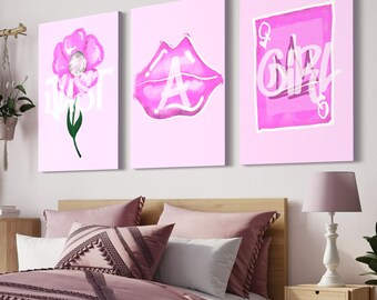Just A Girl Wall Art Set of 3 - Pink Lips, Pink Flower, Pink Queen Card Prints, Girl Wall Art, Y2k Prints, Digital Download