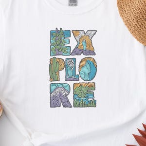 Camiseta unissex com estampa de letras modernas para adultos e crianças, Explore Nature Shirt
