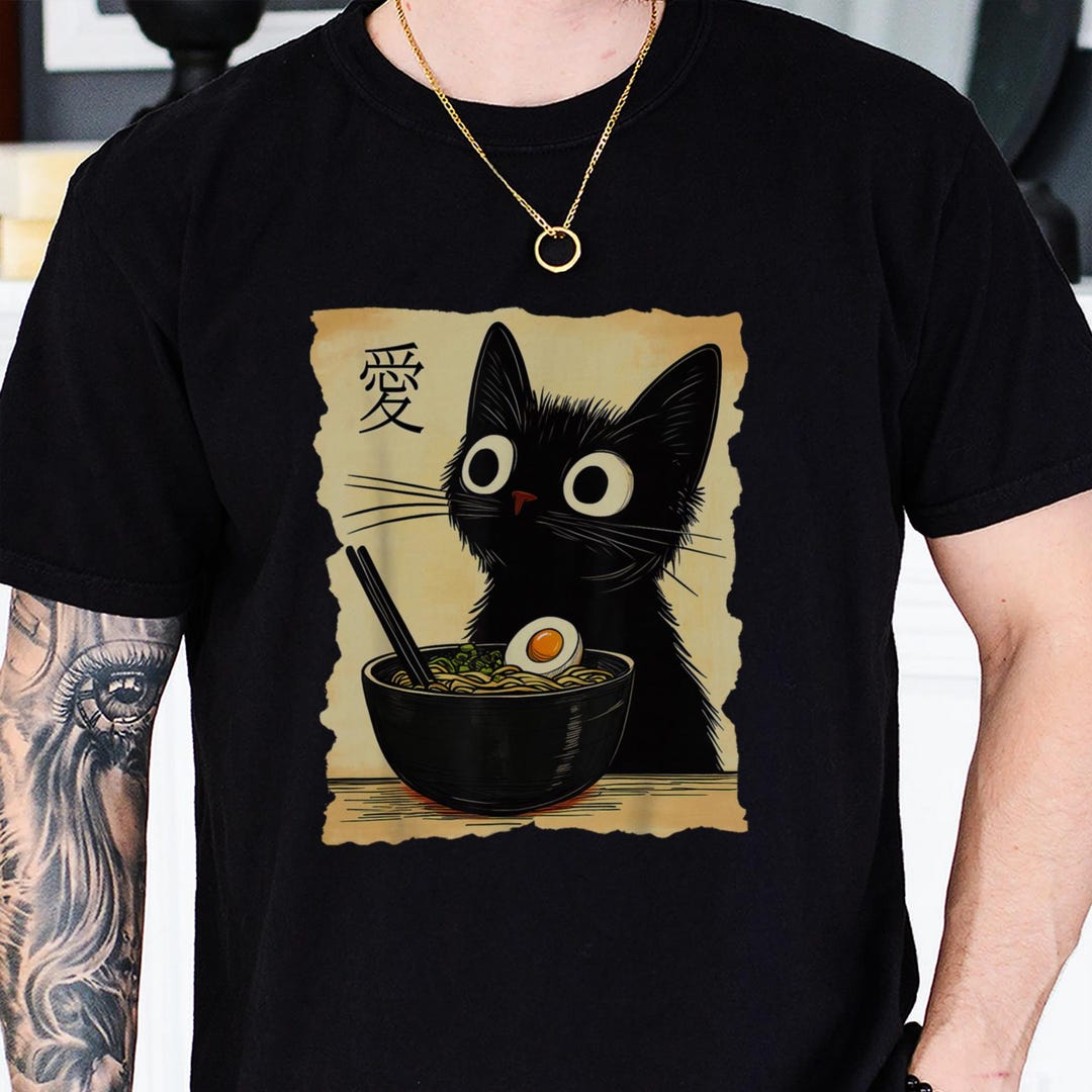 Funny Cat Ramen Graphic Tee, Japanese Kawaii Anime Cat T-shirt, Unisex ...