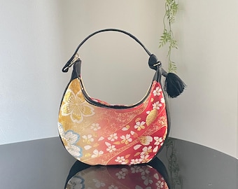 Obi Remake Silk Bag  |Crescent Moon Handbag  |  cherry blossoms (sakura)  | Upcycled Kimono Belt Bag |Artisan Obi Belt Bag | Kimono Bag