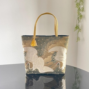 Obi Remake Silk Bag  | A pair of cranes |  Elegant Design,Upcycled Kimono Belt Bag   |Kimono Bag | Japanese style bag