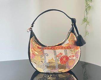 Obi Remake Silk Bag  |Crescent Moon Handbag  |  Heian period | Upcycled Kimono Belt Bag |Artisan Obi Belt Bag | Kimono Bag