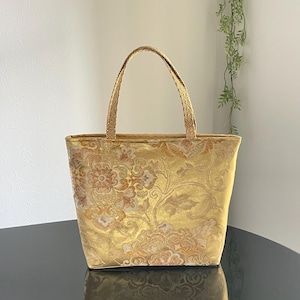 Obi Remake Silk Bag | Gold flower| Elegant Design,Upcycled Kimono Belt Tote Bag |Artisan Obi Belt Bag |Gold flower pattern Bag | Kimono Bag