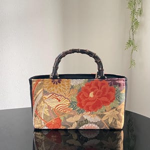 Obi Remake Silk Bag |  Orange flowers| Elegant Design,Upcycled Kimono Belt Bag |squear Bag |Kimono Bag | Japanese style bag