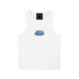 May include: A white sleeveless tank top featuring a small graphic of a light blue van in the centre. The van has a circular logo on its side. Inside the neckline, there is a black square label with the white circular text can't die collective.