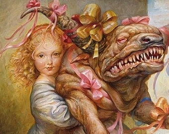 Ribbons and Bows (print) girl - pet - meme - portrait - monster - beauty and the beast - funny art