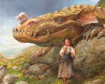 The Shepherdess (print) - dragon sheep girl fantasy art landscape