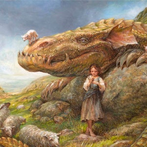 The Shepherdess (print) - dragon sheep girl fantasy art landscape