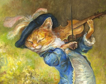 Cat with Fiddle (print) puss in boots, violin, rats, musician, music, illustration, fairy tale art