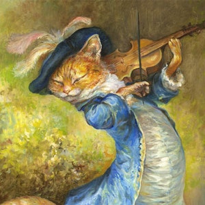 Cat with Fiddle print puss in boots, violin, rats, musician, music, illustration, fairy tale art image 1