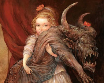 Le Favoris (imprimé) - petite fille - monstre - animal de compagnie - meme - enfant - portrait - dragon - la belle et la bête - art drôle