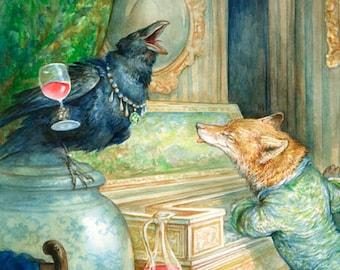 The Fox and the Crow (print)- singing, music, musician, piano, fantasy art, fairy tale, artwork, illustration