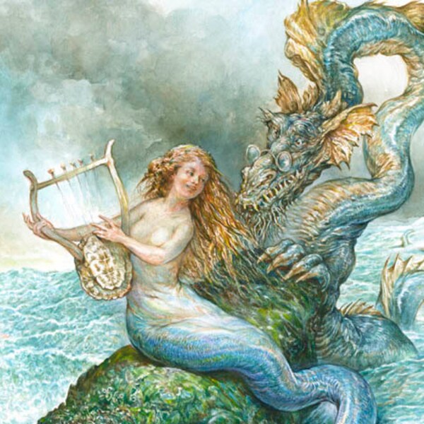 Serenading the Sea Serpent (print) mermaid dragon ocean music