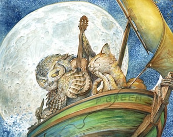 The Owl and the Pussycat (print) - romance, love, wedding, cat, serenade, moonlight, fairy tale, artwork, illustration