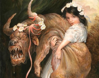 Little Darlings (print) beauty and beast, monsters, ugly cute, puppies, little girl, children, funny, artwork, home decor