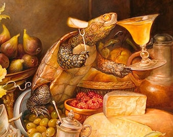 Tortue sur table (impression) nature morte, peinture, impression d'art, affiche, charcuterie, festin