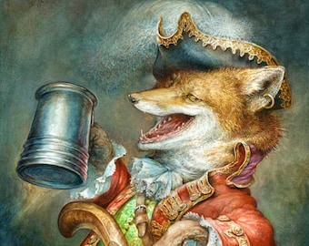 Tavern Fox (impression) - oeuvre d'art pour bar, bière, fêtard, homme des cavernes, brasserie, oeuvre d'art, illustration