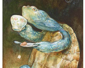 Savoring the Sip (5x7 mini print) turtle art, tea time, relax, tortoise, animal artwork, illustration