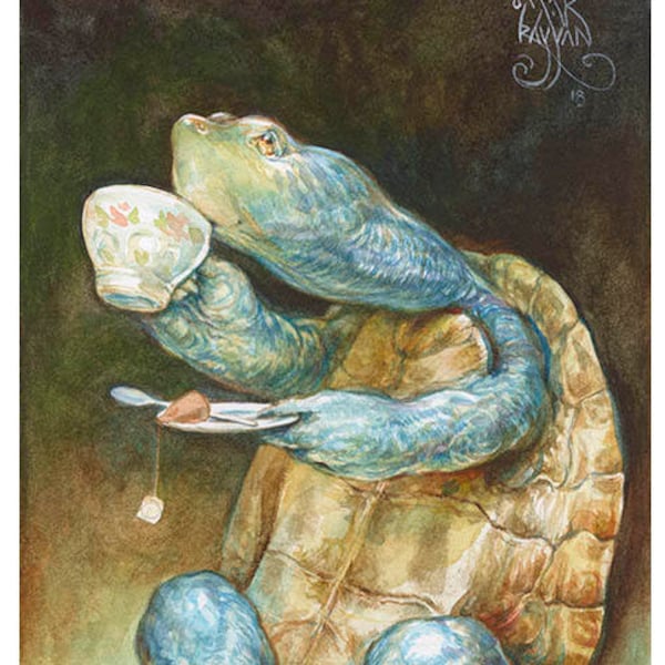 Savoring the Sip (5x7 mini print) turtle art, tea time, relax, tortoise, animal artwork, illustration