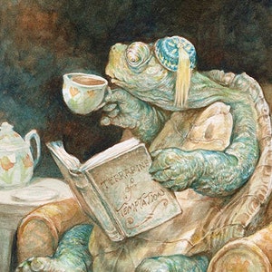 May include: A watercolor painting of a turtle wearing a blue and gold hat, sitting in a chair and reading a book titled "Terrapins of Temptation". The turtle is holding a cup of tea in one hand and the book in the other. The turtle is sitting in a chair with a brown cushion and a yellow and orange patterned cushion.