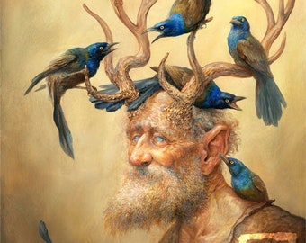 Grackles (print) birds, old man, antlers, horns, fantasy art, mystical