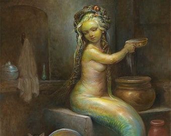 The Mermaid's Bath (print) siren, cat, bathroom decor, beach house, bathing, spa, artwork, illustration