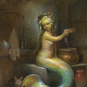 The Mermaid's Bath (print) siren, cat, bathroom decor, beach house, bathing, spa, artwork, illustration