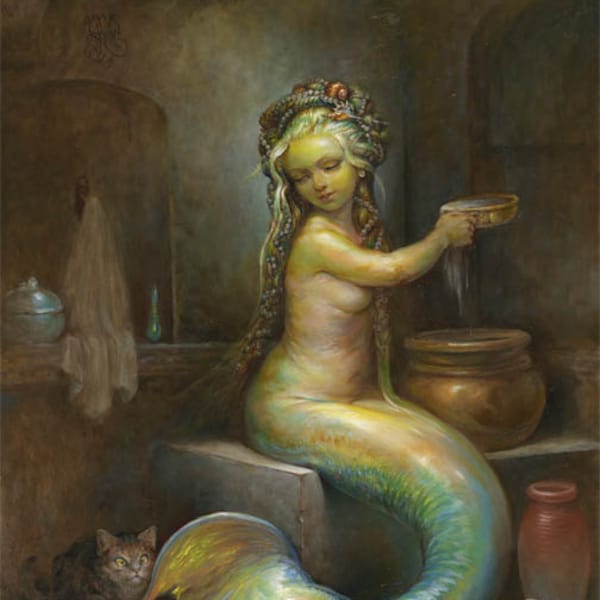 The Mermaid's Bath (print) siren, cat, bathroom decor, beach house, bathing, spa, artwork, illustration