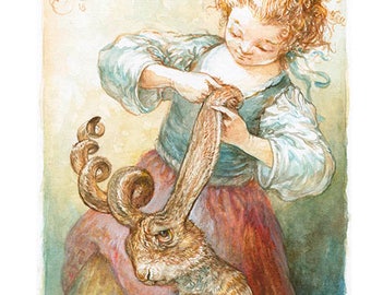 Curling Her Hare (5x7 mini print)- rabbit, bath, hair care, pets, puns