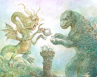 Tea Time in the Land of Monsters (print) fantasy art, monster, godzilla, artwork, humor, jabberwock, home decor