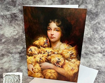 Yorkie Horde (Greeting Card) - dogs, pets, humor, beauty and the beast, Christmas, gift card