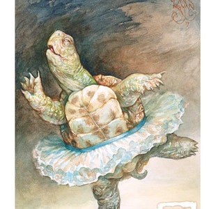 May include: A watercolor painting of a turtle wearing a blue and white tutu, with its head tilted back and its legs outstretched, as if it is dancing. The background is a soft brown and gray.