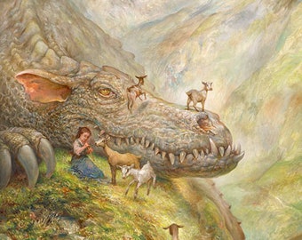 The Goat Herder (print) - dragon girl fantasy art landscape farm animal shepherd, wall art