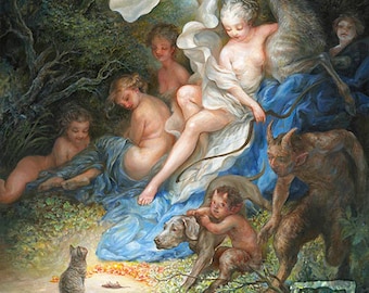 The Offering (print) - cat, fairy, goddess Diana, hunter, fantasy art